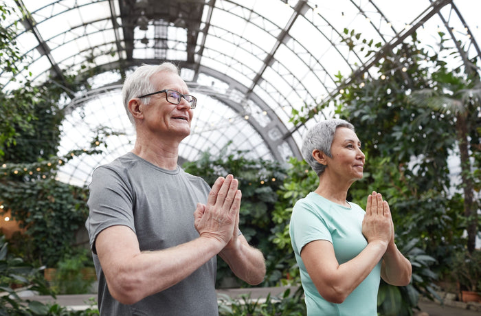 Two older adults practicing yoga with hands in prayer pose inside a lush greenhouse with a glass ceiling.